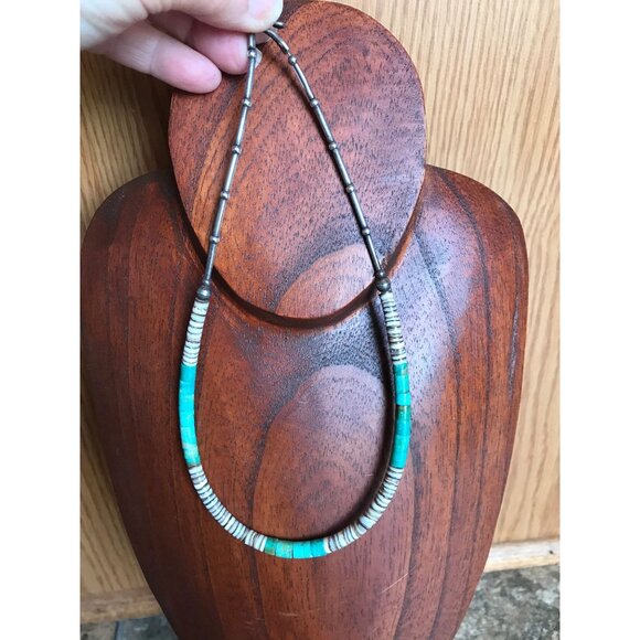 Vtg Heishi Necklace Shell Disc & Turquoise Beads With Sterling Silver - Picture 9 of 9